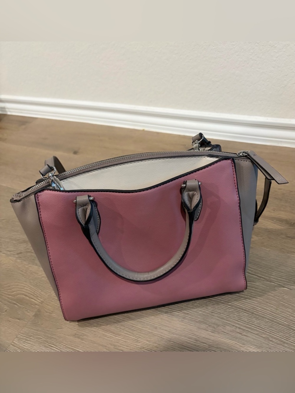 Nine West Pink and Taupe Colorblock Satchel with Cream Accent - Picture 2 of 5